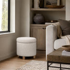 Homepop Home Decor | Upholstered Round Storage Ottoman | Ottoman with Storage for Living Room & Bedroom, White Woven Stripe