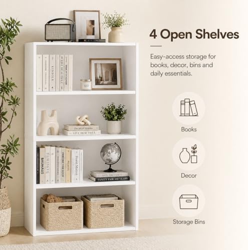 Simple Deluxe Industrial 4-Tier Shelf Bookcase - 9.2" D x 23.8" W x 42" H Tall Floor Standing Open Bookshelf for Home Office, Living Room, and Bedroom Storage, White