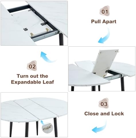 FURNITO Round Dining Table Set for 4, 42"-54" Extendable Dining Room Table Set for 4, White Kitchen Table and Upholstered Chairs Set of 4, 5 Piece Dining Table Set for Small Spaces, Easy Assembly