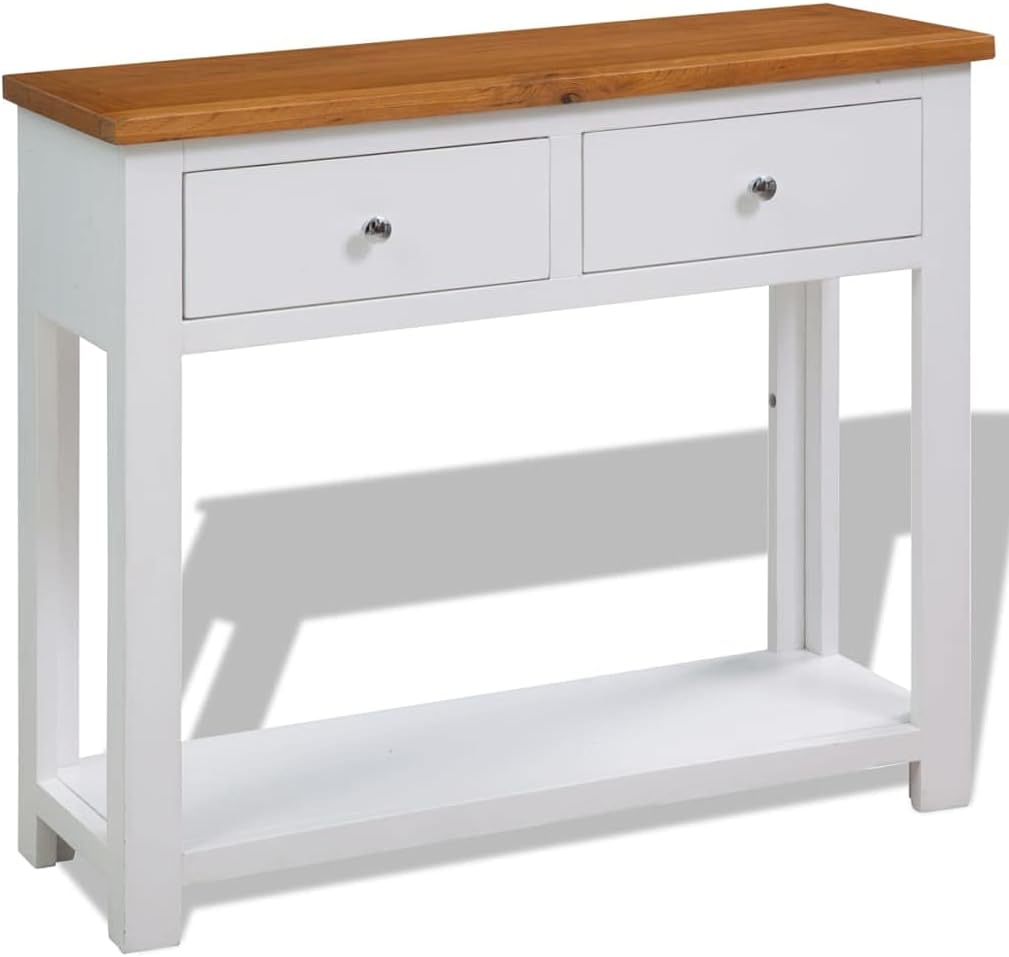 Rustic Small Console Table with Drawers 32.7x11.8x28.7 Inch Solid Oak Wood Entryway Table, Modern Country Style with Shelf and Metal Knobs for Living Room Hallway