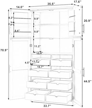 Freestanding Tall Kitchen Pantry Cabinet with 4 Doors and 2 Door Shelves,8 Pull-Out Trays and Adjustable Shelf,for Dining Room (White/F)