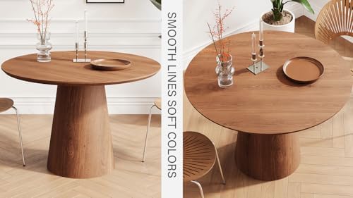 43" Round Dining Table for 4,Modern Natural Wood Dining Table with Cone Wood Pedestal Base, Retro Farmhouse Solid Wood Circle Dining Room Table for Living Room Kitchen, Dining Room(Walnut)