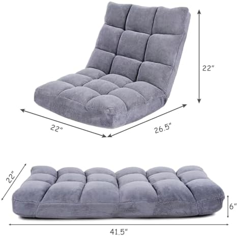 Giantex Floor Chairs for Adults - Floor Gaming Chair with Back Support, 14 Adjustable Position, Coral Velvet Cover and Thick Sponge Padding, Floor Seating Lounge for Reading, Watching TV (Silver Grey)