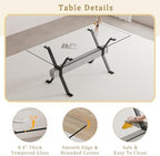 Glass Dining Table 71"｜Modern Dining Table for 6｜0.4" Thick Tempered Glass Top｜Matte Black Metal Legs｜Grey Crossbar｜Easy Assembly｜Perfect for Dining Room or Kitchen