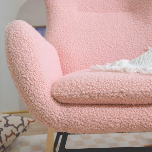 Pink Teddy Rocking Chair, High Back Nursery Rocker Glider with Adjustable Headrest and Side Pocket, Comfortable Accent Armchair for Bedroom Living Room Office