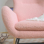 Rubber Wood Nursery Rocking Chair with Pocket, Teddy Upholstered Glider Rocker for Baby Feeding, Adjustable Headrest Armchair for Bedroom Living Room Office, Pink