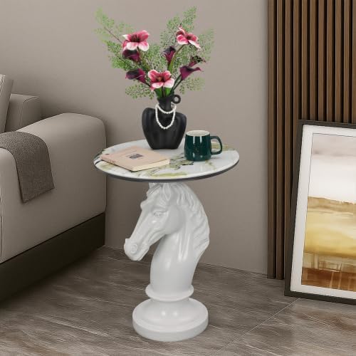 Horse Head Accent Table with Faux Marble Top, Modern Animal Sculpture End Table, Resin Decorative Side Table for Living Room Bedroom Office, Luxury White Statement Furniture