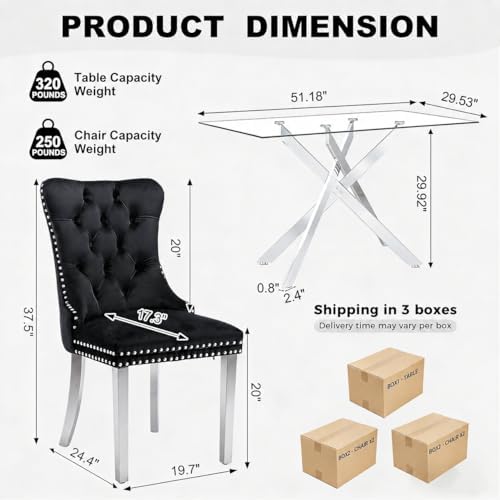 51 Inch Glass Dining Table Set for 4, Modern Rectangular Glass Kitchen Table with 4 Upholstered Velvet Chairs, Space-Saving Dining Room Set for Living Room, Kitchen, Apartment - Black Silver