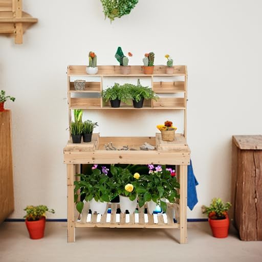 HAPPYGRILL Potting Bench Table, 60” Wood Garden Work Bench Workstation with Storage, Flip-Up Tabletop, Shelves & Hanging Hooks, Outdoor Garden Table for Patio, Lawn & Porch