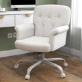 Comfy Home Office Desk Chair, Upholstered Fuzzy Vanity Chair with Wheels and Arms, Modern Adjustable Swivel Computer Seat for Make Up, Home Office, Living Room, Bedroom, Teddy Fleece, White