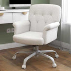 Comfy Home Office Desk Chair, Upholstered Fuzzy Vanity Chair with Wheels and Arms, Modern Adjustable Swivel Computer Seat for Make Up, Home Office, Living Room, Bedroom, Teddy Fleece, White