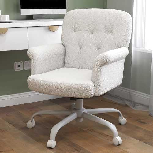 Comfy Home Office Desk Chair, Upholstered Fuzzy Vanity Chair with Wheels and Arms, Modern Adjustable Swivel Computer Seat for Make Up, Home Office, Living Room, Bedroom, Teddy Fleece, White
