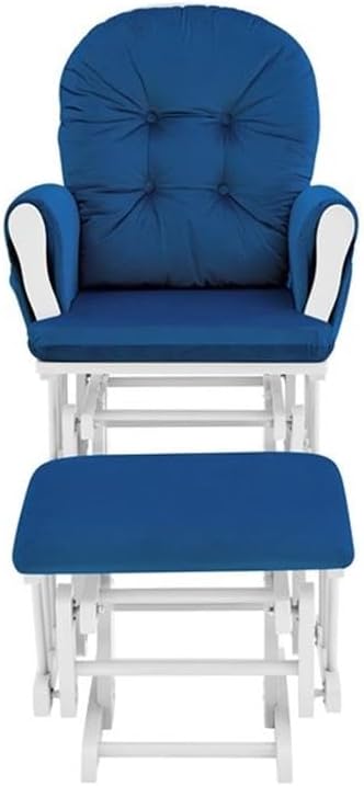 Pemberly Row Wood and Fabric Glider and Ottoman, White and Navy Finish, 38" H x 27" W x 29.25" D, Plush Cushions, Padded Arms, Smooth Quiet Glide, Side Storage Pockets, Nursery or Living Room Use