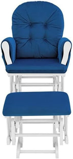 Pemberly Row Wood and Fabric Glider and Ottoman, White and Navy Finish, 38" H x 27" W x 29.25" D, Plush Cushions, Padded Arms, Smooth Quiet Glide, Side Storage Pockets, Nursery or Living Room Use