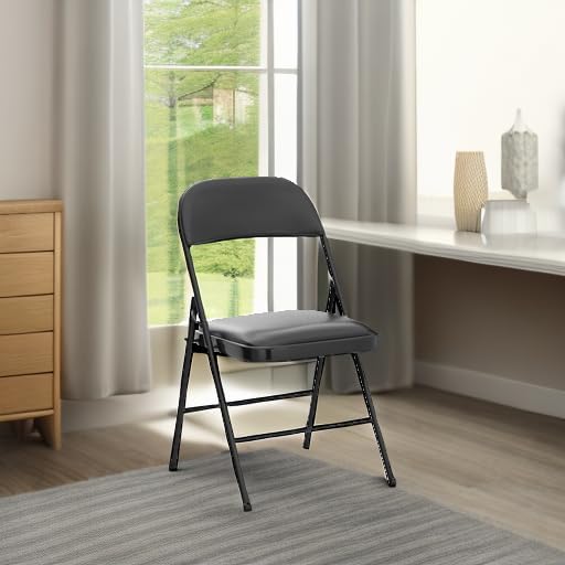 Nazhura 4 Pack Folding Chairs with Padded Vinyl Cushion Chairs with Comfortable Cushion and Durable Steel Frame for Home and Office, for Indoor and Outdoor Events (Black, Vinyl)