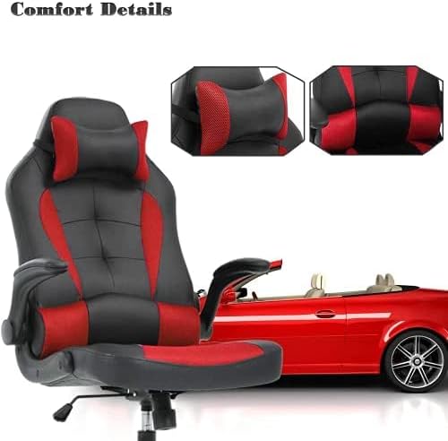 Gaming Desk Chair PC Gaming Chair Gamer Chair, Comftorable Ergonomic PU Leather Computer Office Chair with Lumbar Support Flip Up Arms, High Back Executive Gaming Stuff for Girl Kids Adults (Red)