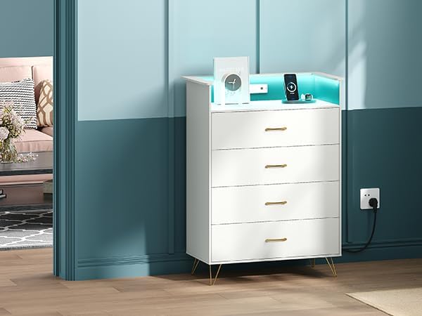 Jojoka 4 Drawer Dresser with RGB LED Light & Charging Station - Modern Chest of Drawers with App Control - Tall Wooden Dressers Chest, Closet for Bedroom, Living Room, Entryway, Hallway – White