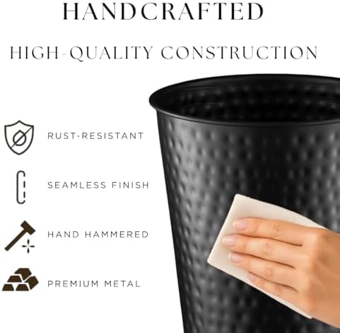 Monarch Abode Metal Bathroom Trash Can – Waste Basket for Bedroom, Office Desk, & Dorm, Hand Hammered, Durable Decorative Black Small Trash Can Bathroom Garbage Bin Wastebasket