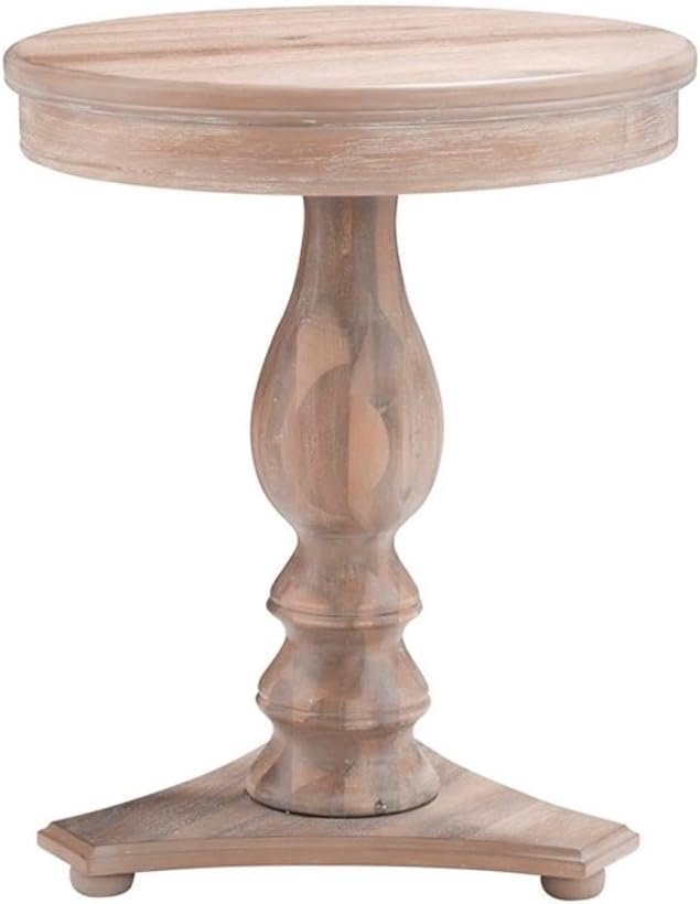Pemberly Row Round Wood Side Table, 20" D x 24.5" H, Natural Brown Finish, Pedestal Base, Acacia/Rubberwood/MDF Construction, Accent Table for Living Room or Bedroom Use
