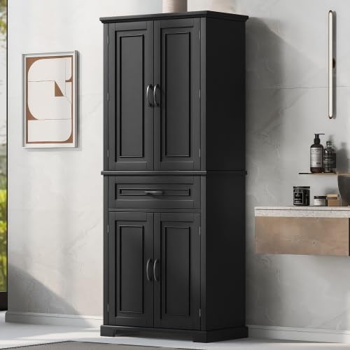 Bathroom Storage Cabinet with Doors and Drawer, Multiple Storage Space, Adjustable Shelf, White (Black)