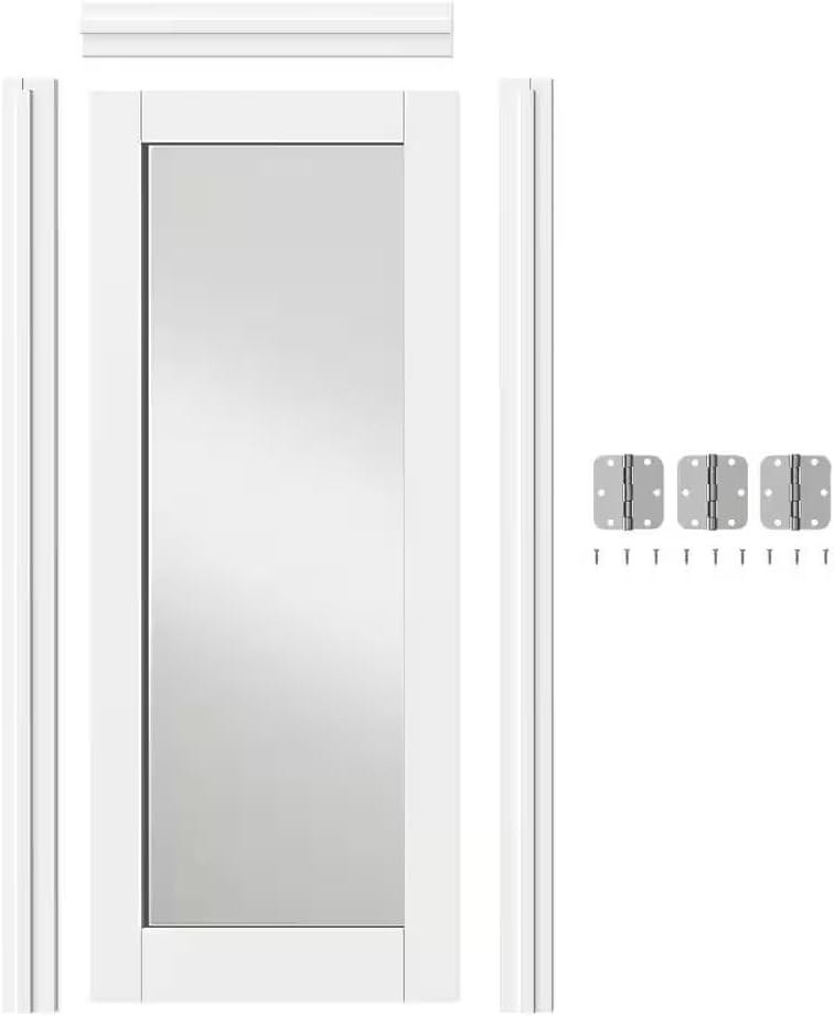 18" x 80" Pantry Door with Prehung Door Jamb, Right-Handed Interior Door, 1-Lite Mirror, White MDF with Hardware Kit