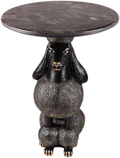 Modern Poodle Dog Side Table with Round Marble Style Top, Decorative Animal Accent End Table for Living Room, Designer Sculpture Sofa Corner Table
