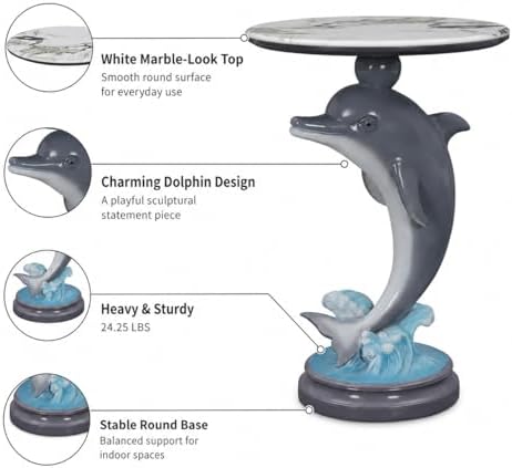 Dolphin Side Table, 25.98 in Animal End Table, Round Marble-Look Top, Hand-Painted, Auto-Grade Finish, Durable and Easy Clean