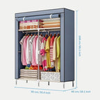 Portable Canvas Wardrobes for Bedroom,Canvas Wardrobe,Foldable Clothes Storage Organiser with Shelves,2 Hanging Rail,Clothing Wardrobe Shelves Cupboard,Grey
