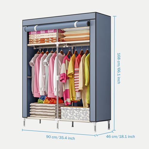 Portable Canvas Wardrobes for Bedroom,Canvas Wardrobe,Foldable Clothes Storage Organiser with Shelves,2 Hanging Rail,Clothing Wardrobe Shelves Cupboard,Grey