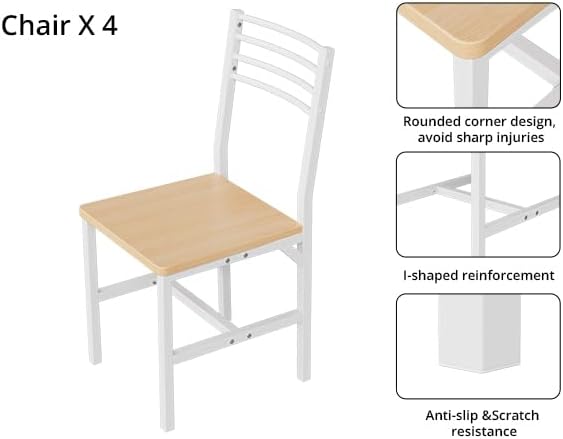 VOWNER 63” Extendable Dining Table Set for 4-6 People, 5-Piece Dining Table Set for 4 People with 4 Chairs, Kitchen Table Set with MDF Board and Metal Frame, for Small Space, Apartment, Nature Wood
