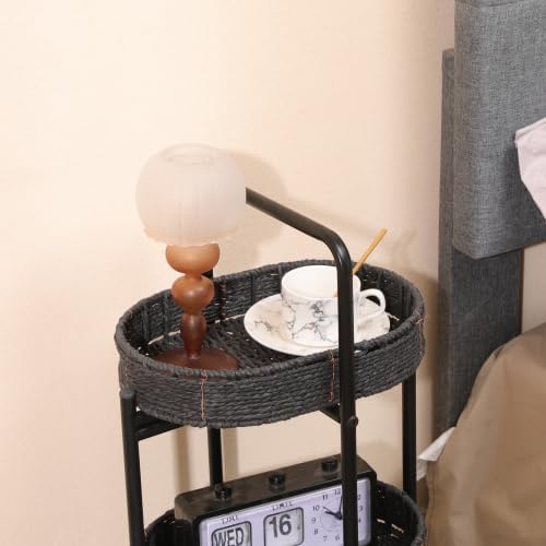 3 Tier Small Handwoven Side Table, Oval Portable Storage Organizer Shelf, Multifunctional Woven End Table for Kitchen Living Room Bedroom Balcony Picnic Outdoor Indoor (Black)