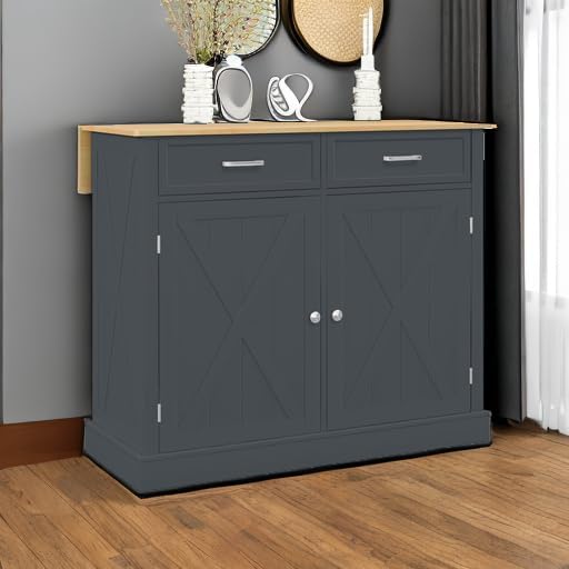 HOMCOM Rolling Kitchen Island with Drop Leaf Wood Breakfast Bar, Farmhouse Kitchen Cart with 2 Drawers, Adjustable Shelves for Dining Room, Dark Gray