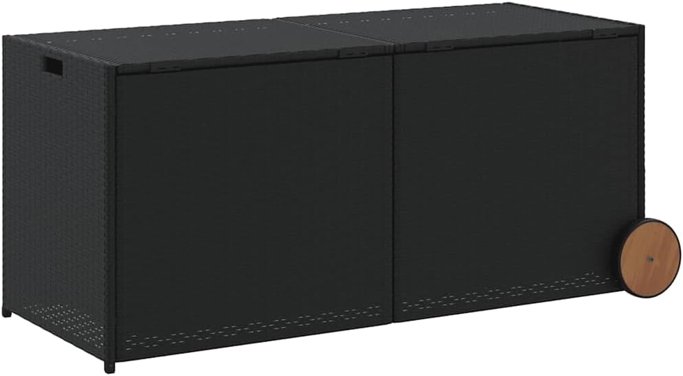 Garden Storage Box with Wheels 74.8 Gal Black Poly Rattan Resin Wicker Outdoor Patio Cushion Container Chest Weather Resistant for Backyard Deck