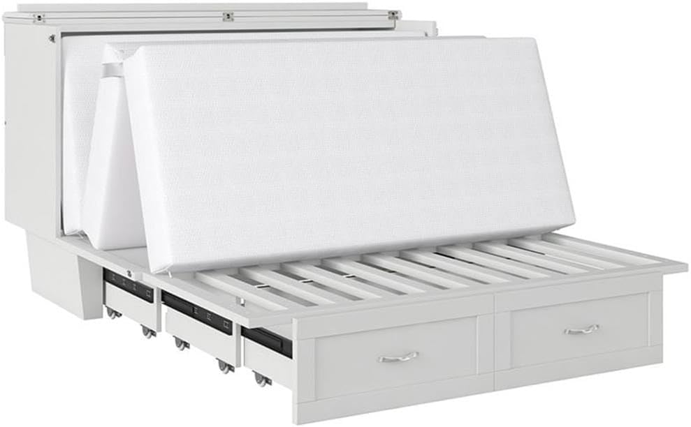 Atlin Designs Modern Queen Murphy Bed Chest, Solid Wood Construction, White Finish with Storage Drawer, Memory Foam Mattress, USB Charging Ports, Space-Saving Bedroom Furniture