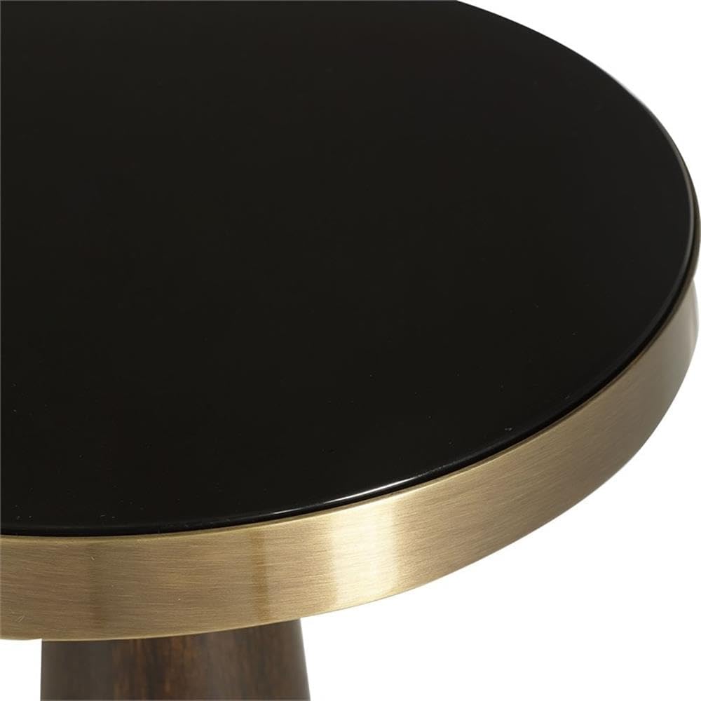 BOWERY HILL Contemporary Glass Accent Table, 22" H x 12" W x 12" D, Brass/Brown Finish, Sleek Black Glass Top, Tapered Wooden Base, Ideal for Living Room or Entryway Decor