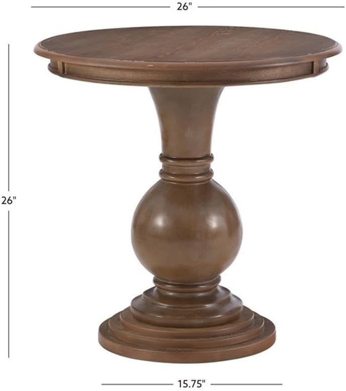 MAKLAINE Round Accent Table, 26.5" High, Engineered Wood, Rustic Natural Finish, Turned Pedestal, Stepped Base, Compact Design, Decorative Display or End Table for Living Room, Bedroom, Small Spaces