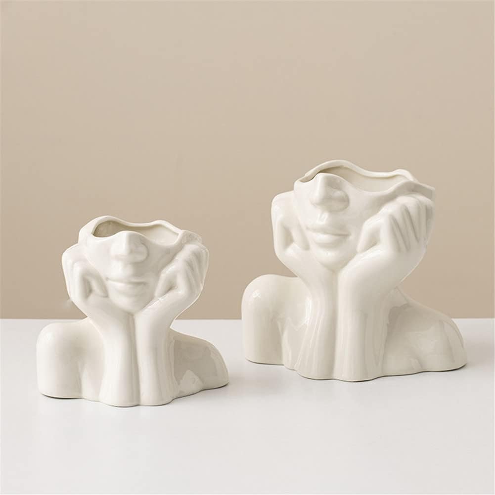 Large Ceramic Face Vase, White Flower Vases for Decor Female Form Head Half Body Vase Boho Unique Decorative Modern Style for Home Living Room Office Book Shelf (Large)