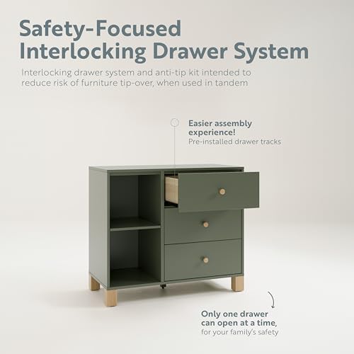 Storkcraft California 3 Drawer Combo Dresser, Olive with Driftwood | GREENGUARD Gold Certified, Interlocking Drawer System, Pre-Installed Drawer Tracks for Easier Assembly, Spacious Cabinet