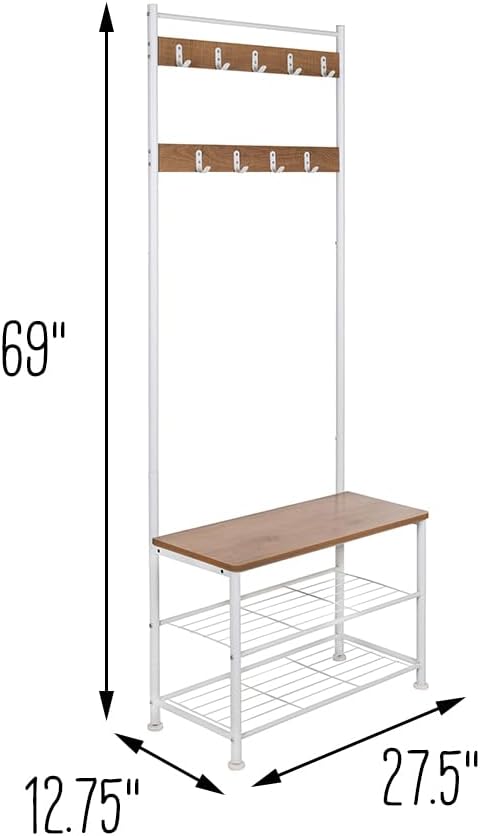 Honey-Can-Do Entryway Hall Tree with Bench and Shoe Storage, White/Walnut SHF-09603 White, 300 lbs