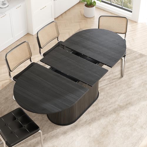WILLIAMSPACE 70.86" Oval Extendable Dining Table with Striped Legs for 6 to 8, Modern Wooden Kitchen Table with Extension Leaves, Mid Century Dining Room Table, Easy Assemble (55.11"-70.86", Black)