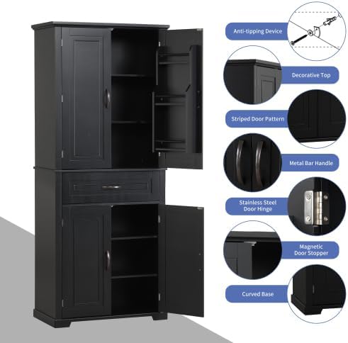 Bathroom Storage Cabinet with Doors and Drawer, Multiple Storage Space, Adjustable Shelf, White (Black)