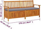 67 Inch Outdoor Storage Bench, Solid Acacia Wood Garden Bench with Thick Cushion, 3-Seater Patio Seating for Terrace and Backyard, Large Rectangular Wooden Chest