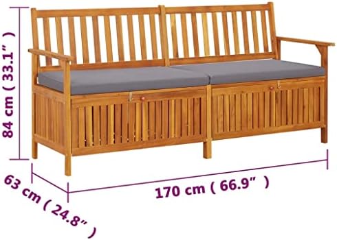 Solid Acacia Wood Storage Bench, 67 Inch Large Outdoor Patio Seating with Thick Cushion, 3-Person Rectangular Garden Bench for Deck, Backyard and Indoor Living Room, Matte Black