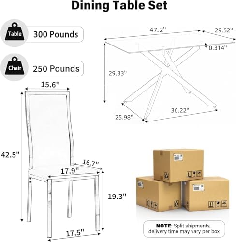 Modern Glass Dining Table Set for 4, 5-Piece Rectangular Kitchen Table Set with Silver Sturdy Metal Legs&4 Grey Faux Leather Dining Chairs for Home Dining Room Kitchen