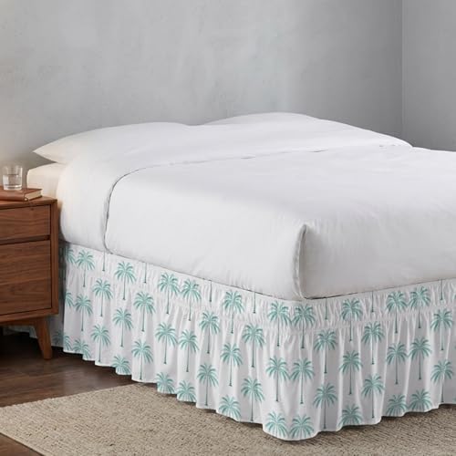 Teal Geeen Palm Trees Bed Skirt King Size 16 Inch Drop, Adjustable & Elastic Wrap Around Bed Skirts Pleated Luxury Dust Ruffles for Twin Full Queen Cal King Base Bed, Tropical Summer Beach Botanical