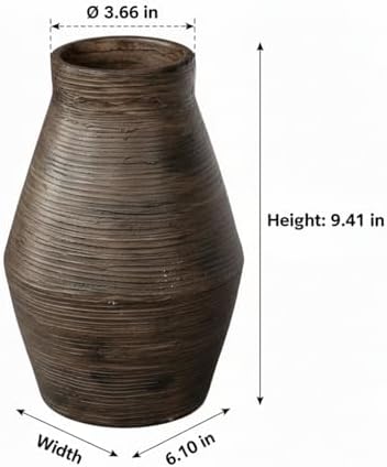 Brown Ceramic Vase - 10 Inch Rustic Farmhouse Vases Home Decor, Decorative Pottery Flower Vase for Living Room, Table Centerpiece, Shelf Kitchen Mantel Decor