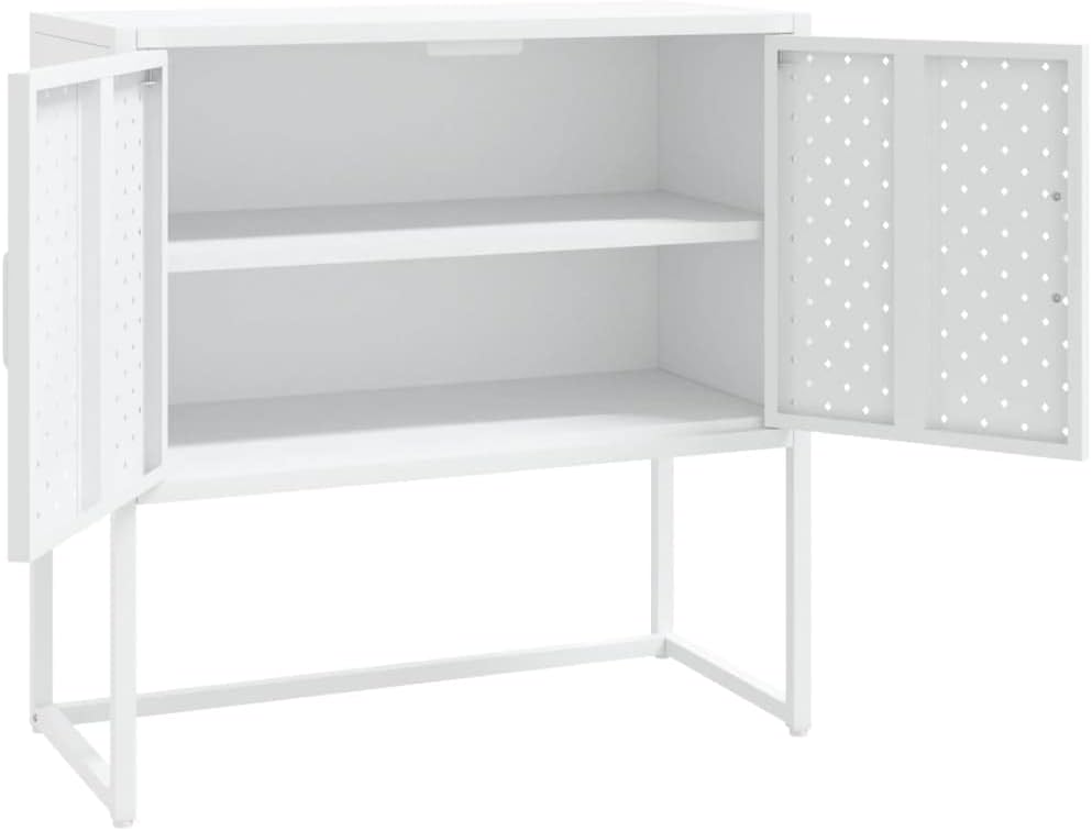 White Steel Sideboard with Adjustable Levelers, Modern Rectangular Storage Cabinet for Living Room and Dining Room, Sleek Design with Single Shelf, Sturdy Powder-Coated Steel