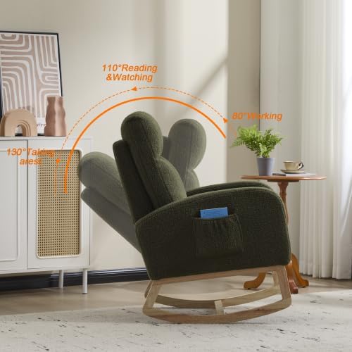 Green Teddy Rocking Chair for Nursery, Upholstered Glider Rocker with High Backrest and Side Storage Pocket, Comfy Accent Armchair with Solid Wood Legs for Living Room Bedroom Reading