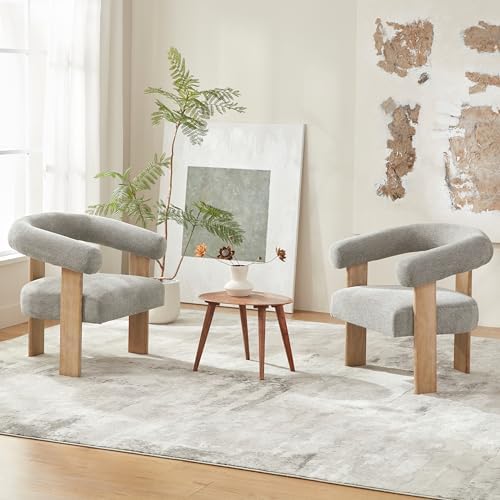 VKNOW Barrel Accent Chairs Set of 2 with Armrests and Rubberwood Legs | Mid Century Modern Upholstered Living Room Chairs with Open Back, Chenille Fabric, for Living Room, Bedroom, Light Gray
