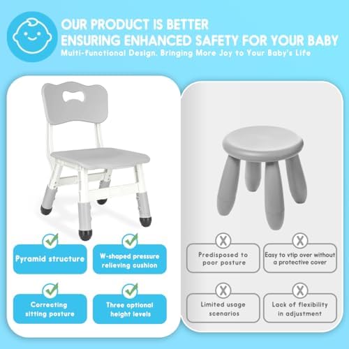 Kids Height Adjustable Toddler Chair Max Load 220LBS Plastic Indoor Outdoor for Children Age 1-6 School Home Daycare Use Grey